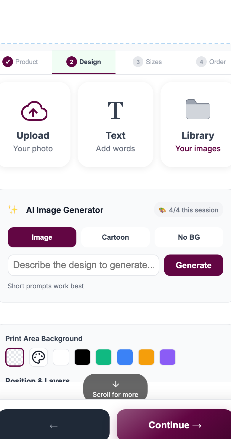 Upload, text, AI image styles, crop logic, and design controls