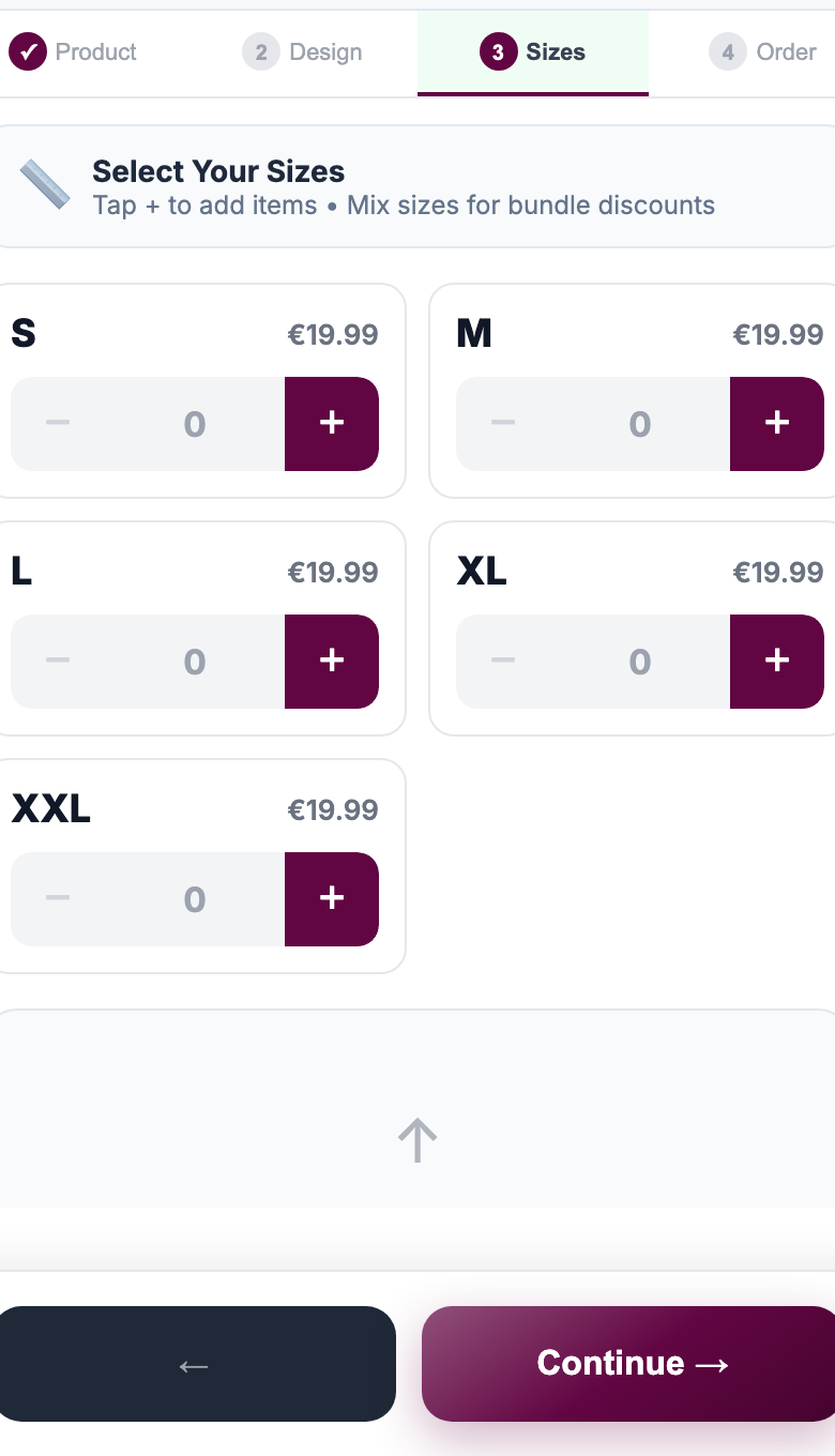 Mobile-friendly size, quantity, discount, and upsell flow